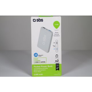 SBS Powerbank 5000 mAh 2 USB 2,1A weiß